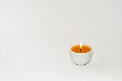 Close-up of lit candle against white background