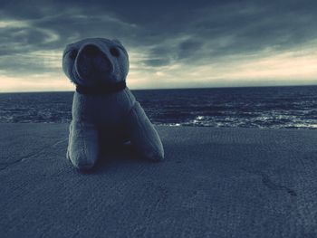 Toy on sand at beach against sky during sunset