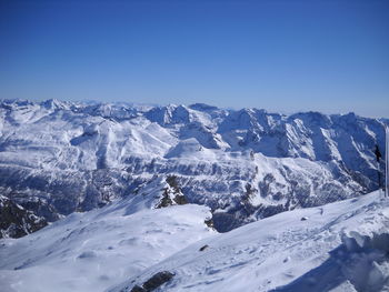 Scenic view of snowcapped mountains against clear blue sky