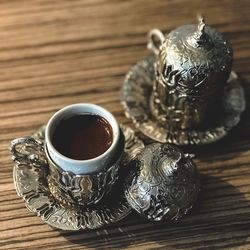 High angle view of hot chocolate in cup on table