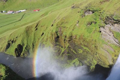 This is a photo of the eyjafjallajökull glacier and waterfall in iceland in the summer. 