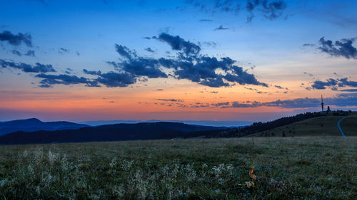 Scenic view of field against sky during sunset