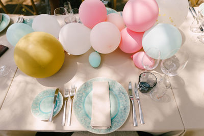 High angle view of balloons on table