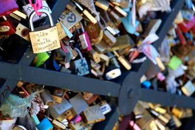 High angle view of padlocks