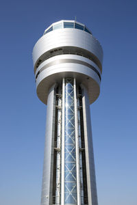 Low angle view of water tower against clear blue sky