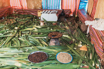 High angle view of vegetables on table