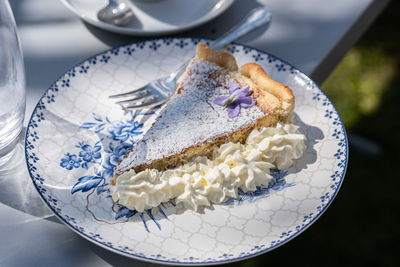 High angle view of cake in plate on table