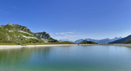 Scenic view of lake against blue sky