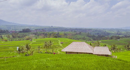 Scenic view of farm against sky