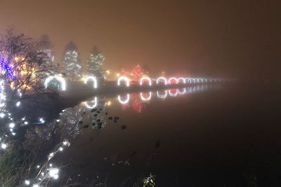 Reflection of illuminated trees in water at night