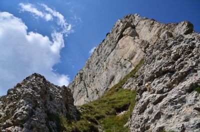 Low angle view of rocky mountains against sky