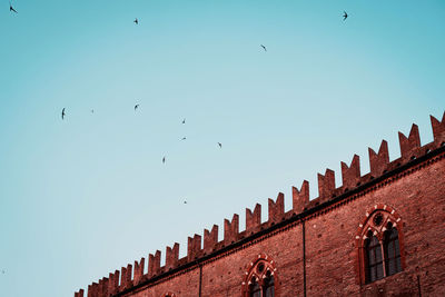 Low angle view of birds flying against sky