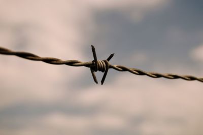 Close-up of barbed wire against sky