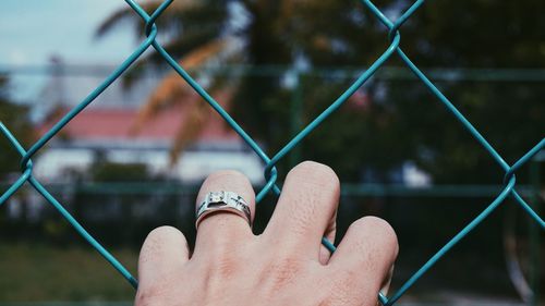 Close-up of hand holding chainlink fence