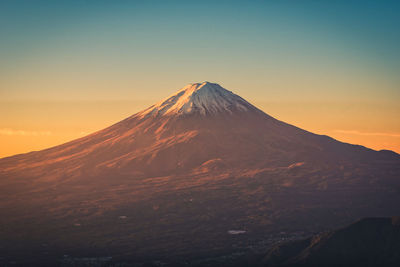 Volcanic mountain against sky during sunset