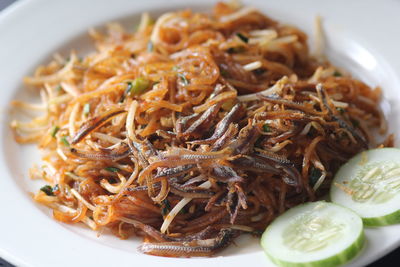 Close-up of noodles in plate on table