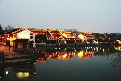 Reflection of illuminated buildings in water