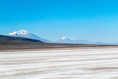 Scenic view of desert against clear blue sky