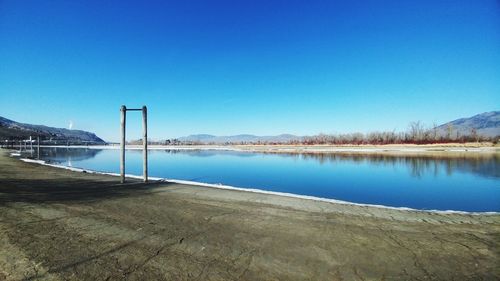 Scenic view of lake against clear blue sky