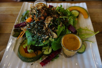 High angle view of food in plate on table