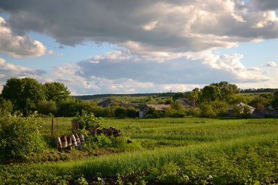 Scenic view of field against cloudy sky