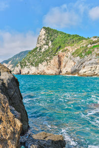 Scenic view of sea by mountain against sky