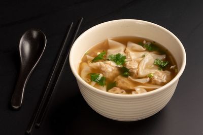 High angle view of soup in bowl