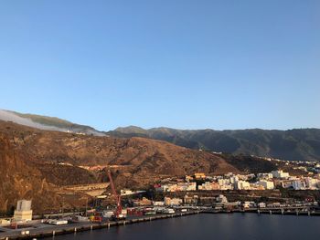 Scenic view of bay against clear blue sky