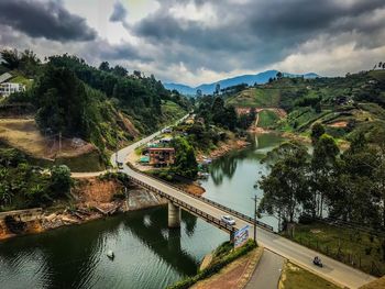 High angle view of bridge over river against sky