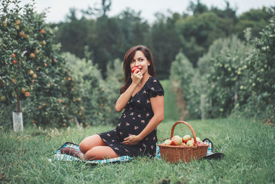 Young woman with fruits in basket on field