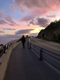 Rear view of man walking on road against sky during sunset