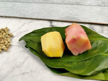 Close-up of fruits and leaves on table