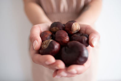 Midsection of woman holding chestnuts