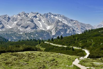 Scenic view of snowcapped mountains against clear sky