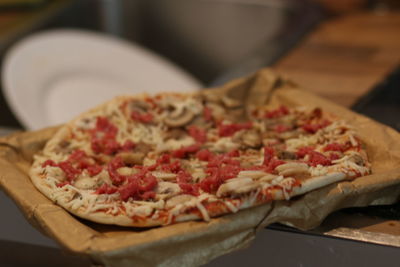 Close-up of pizza on table