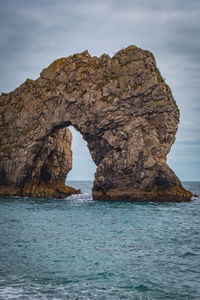 Rock formation in sea against sky