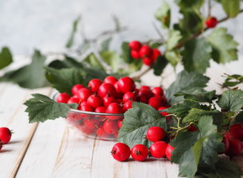 Close-up of red berries growing on table