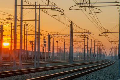 Railroad tracks against sky during sunset