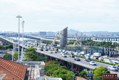 Bridge over river in city against cloudy sky