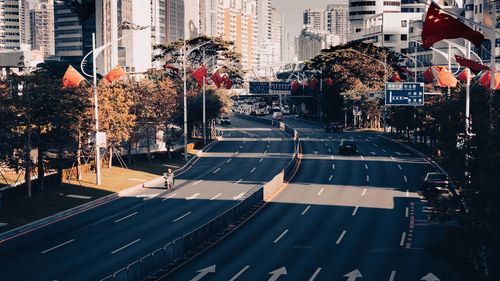 High angle view of city street at night