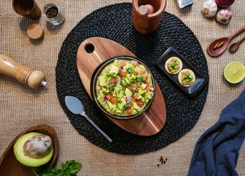 High angle view of food served on table