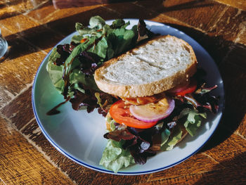 High angle view of breakfast served on table