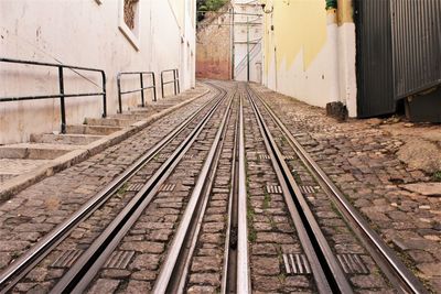 Railroad tracks amidst buildings in city