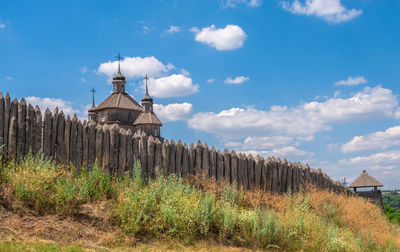 External walls, wooden fence and watchtowers of the national reserve khortytsia  zaporozhye, ukraine