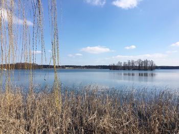 Scenic view of lake against cloudy sky