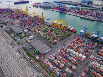 High angle view of decoration on pier at harbor