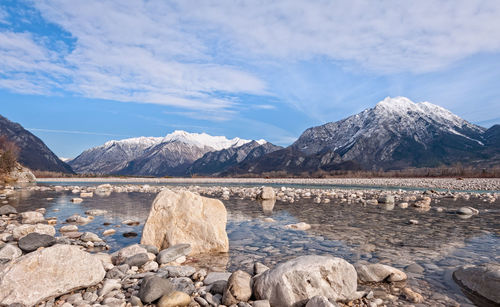 Scenic view of snowcapped mountains against sky