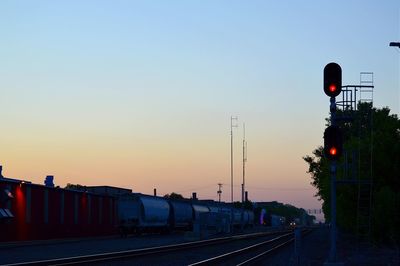 Railroad tracks against sky during sunset