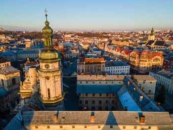 High angle view of buildings in city