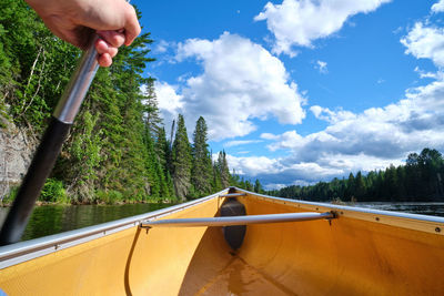 Low angle of man canoeing in wilderness against sky